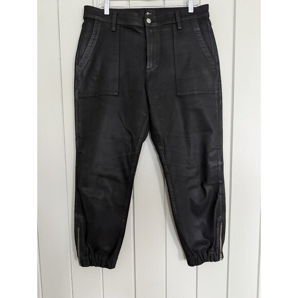 7 For All Mankind Darted Boyfriend Coated Jogger Pants 32 High Waisted Black - Picture 1 of 11